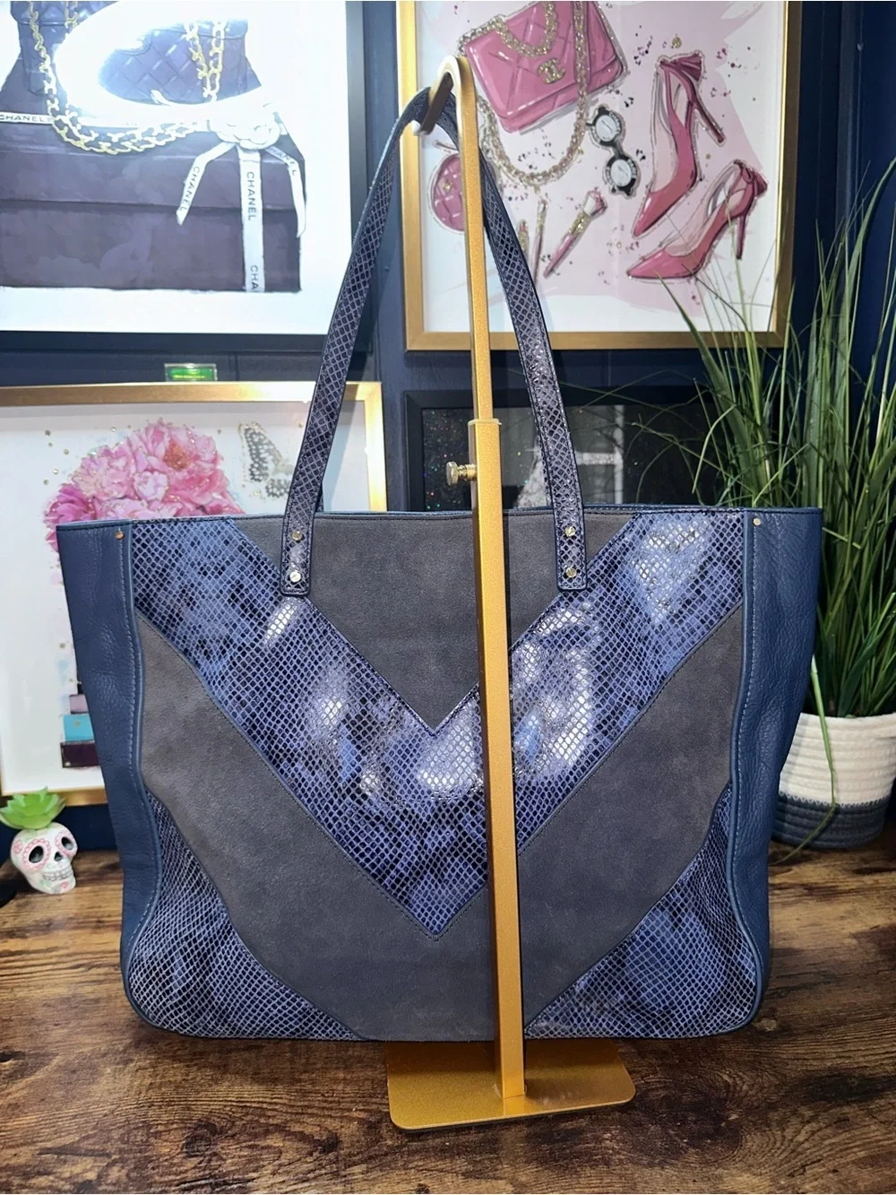 Tory Burch Chevron Color-Block Tote Blue Suede Pebbled Leather